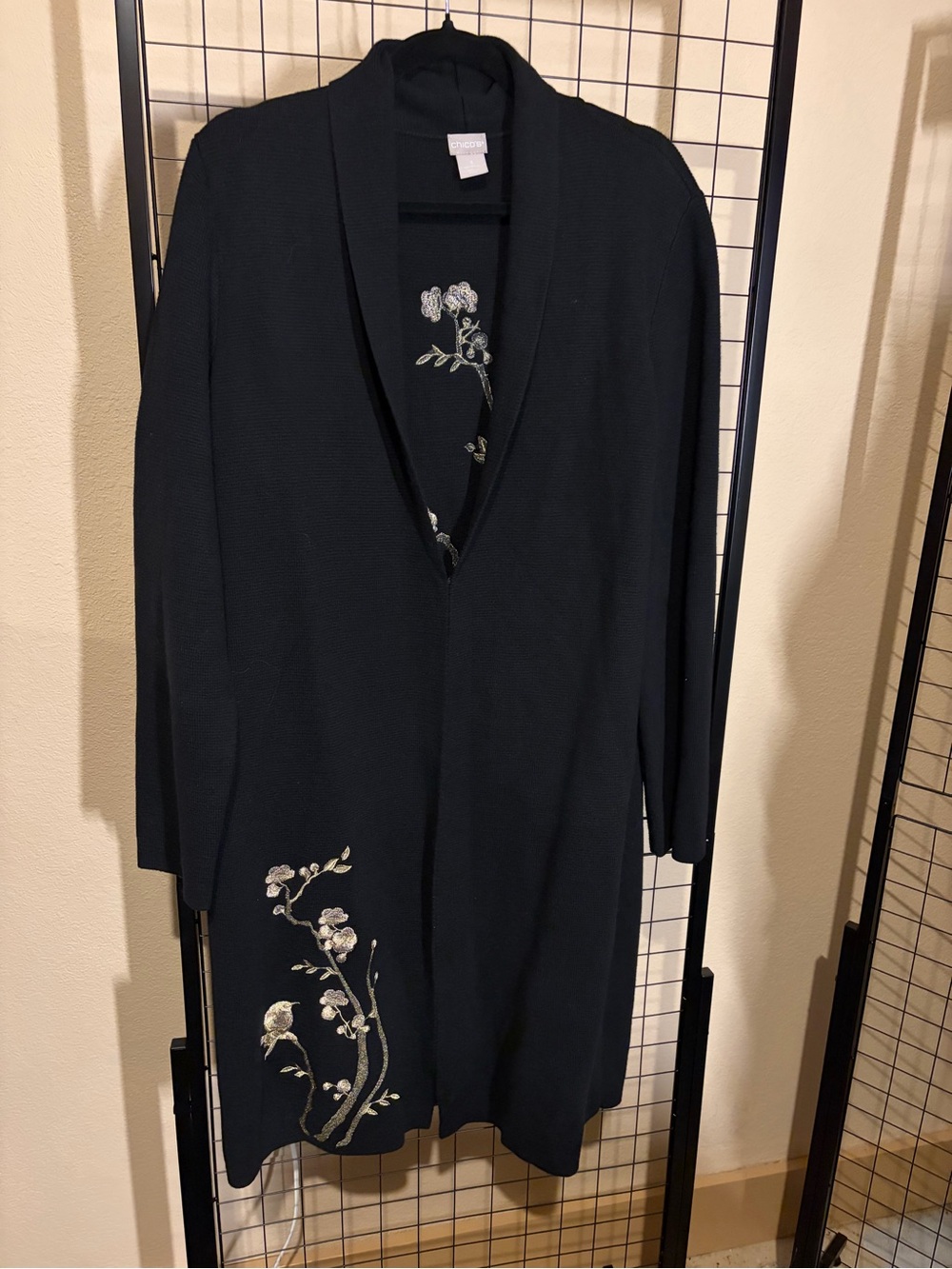 Chico's Black Long Open Cardigan with Floral Embroidery